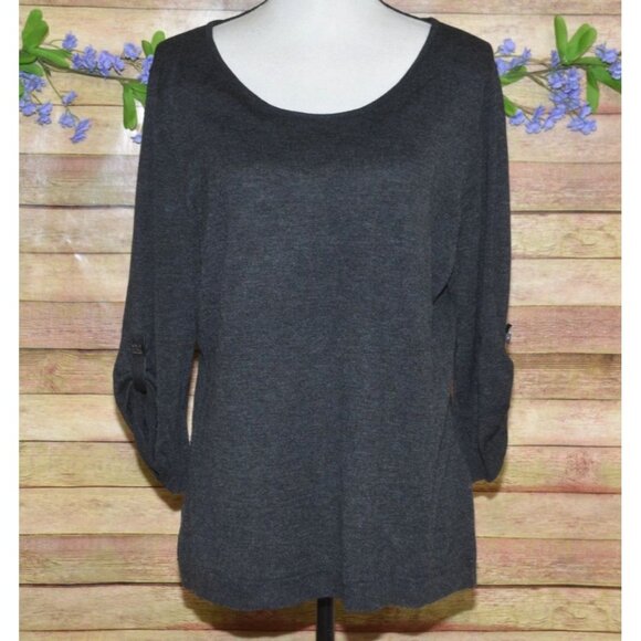 Calvin Klein Gray Roll Tab 3/4 Sleeve Ribbed Knit Silk Blend Top Sweater Size XL - Picture 1 of 8